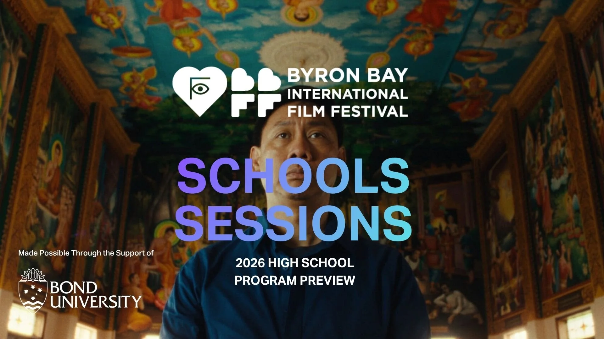 Poster for the Byron Bay International Film Festival displaying three images in a film strip and the text 'High Schools: Elemental Transitions.' The images include a woman rock climbing, a boy holding a stick with smoke in the background, and a woman in armor with red hair in an indoor setting. The background features a cloudy sky and ocean scene.