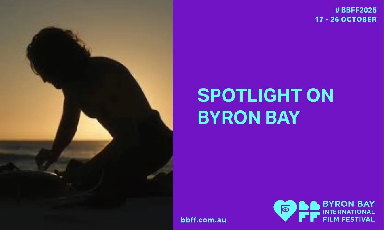 Silhouette of a person with a surfboard against a sunset on the left. On the right, purple banner reads "Spotlight on Byron Bay," with festival details.