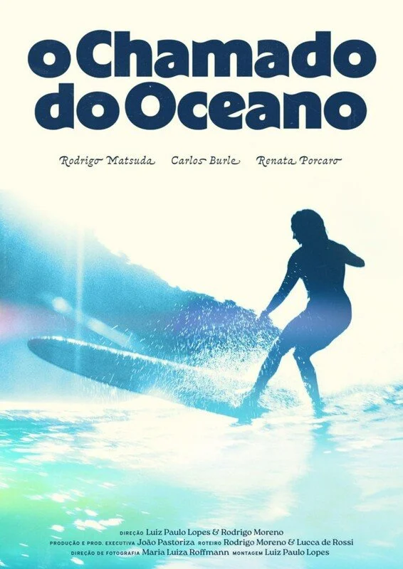 Poster for the film Calling of the Ocean a silouette of a female surfer on a white poster