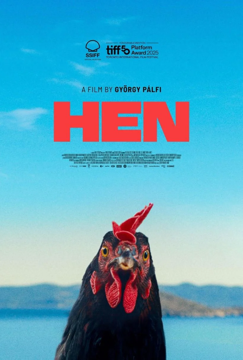 Movie poster for Hen. Close-up of a brown hen facing the camera against a bright blue sky and coastal hills. Toronto International Film Festival Platform Award honourable mention noted.