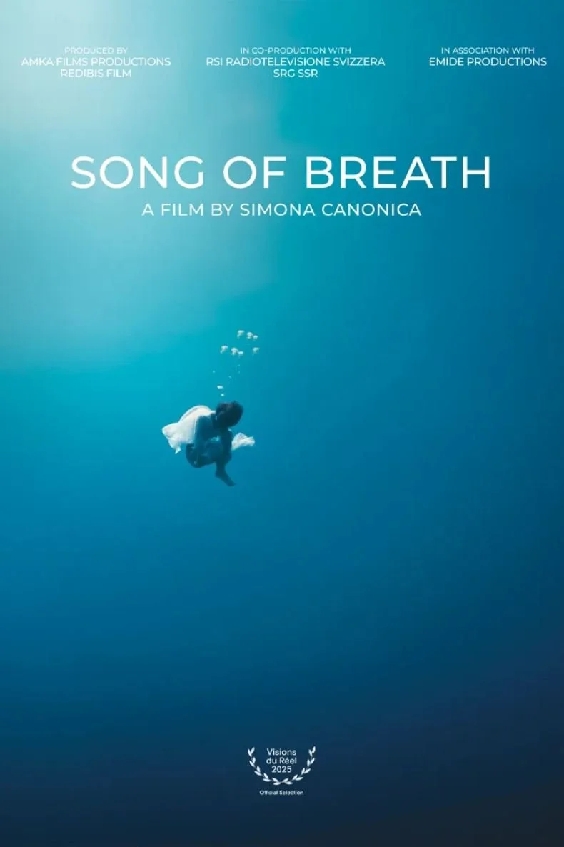 Poster for Song of Breath, a film by Simona Canonica. A small figure floats underwater trailing bubbles upward, against a deep blue gradient background. Visions du Réel 2025 Official Selection laurel at the bottom.