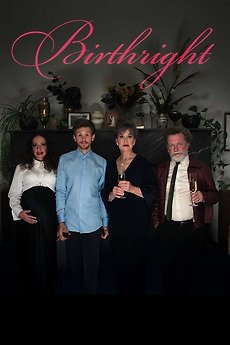 Four adults stand together in a dimly lit room with drinks, posing in front of a shelf with plants and decor, under the stylized word “Birthright” in pink script.