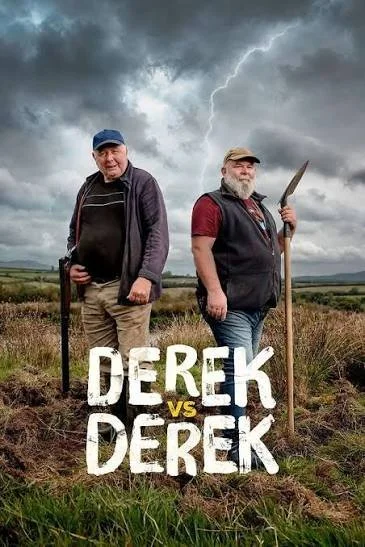Poster for Derek vs Derek, showing two men standing in a windswept rural landscape holding long-handled tools beneath dark storm clouds and lightning.