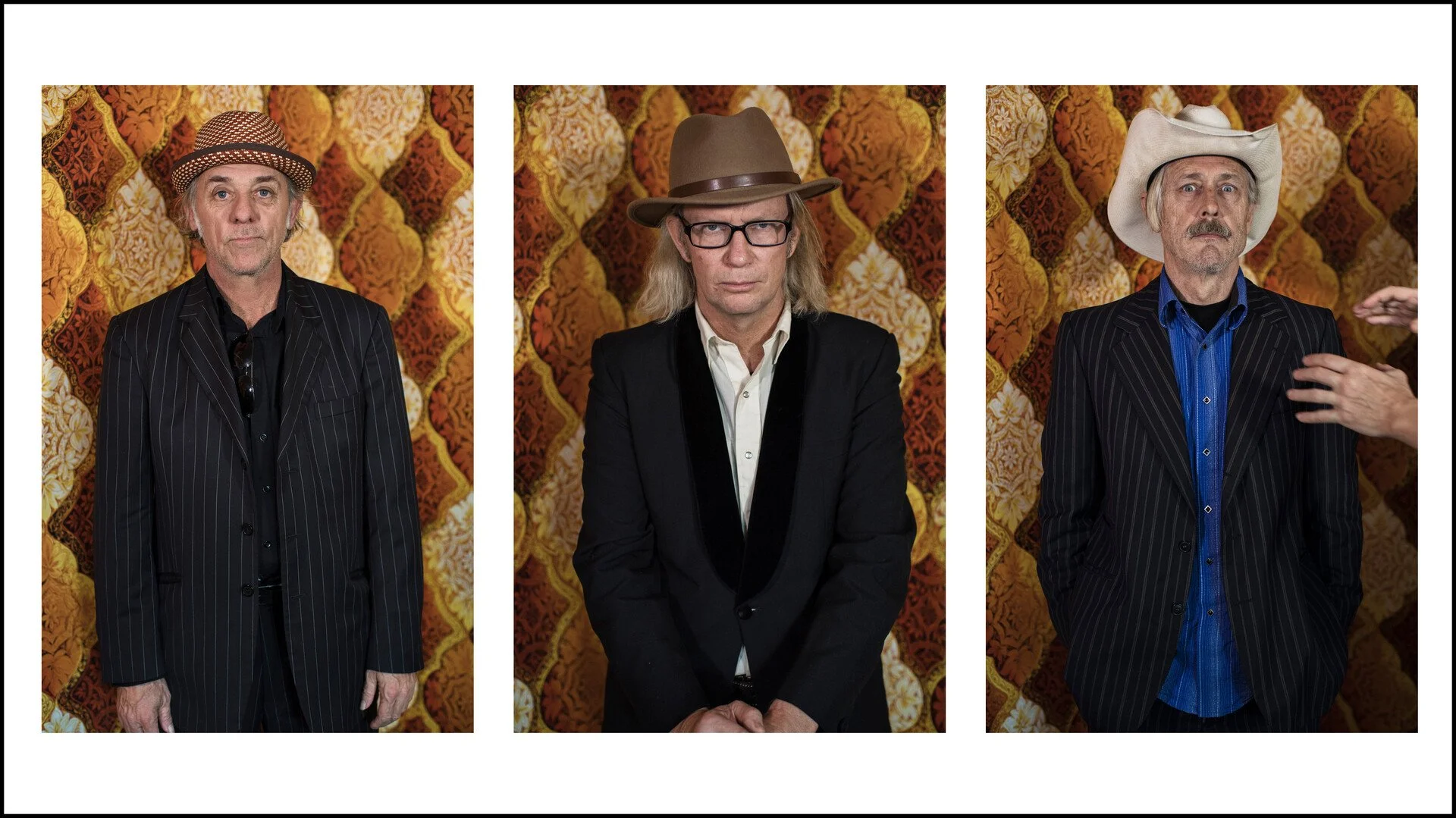 Still image from the film "That Half Barbaric Twang" showing portraits of the three main cast members