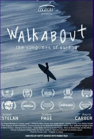 "Film poster for 'Walkabout: The Songlines of Surfing' with a silhouette of a surfer carrying a board on a wave-like background, surrounded by award logos."