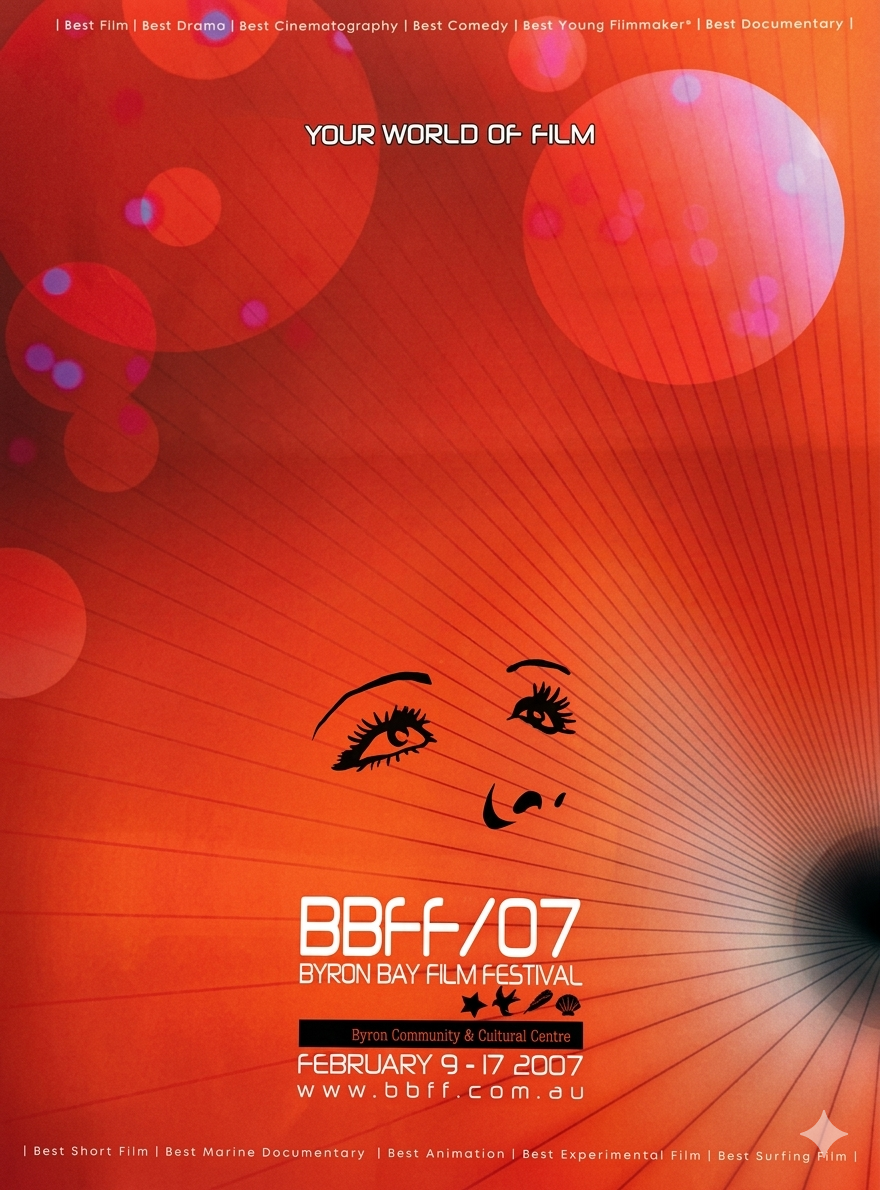 Poster for the Byron Bay International Film Festival 2007 displaying various film scenes and images of people, along with event details and dates.