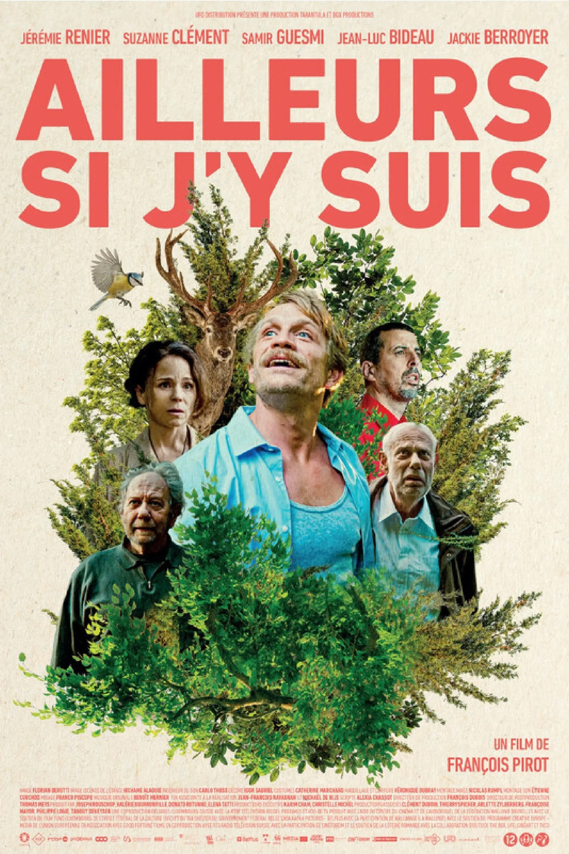 Poster for "Ailleurs Si J'y Suis" features several people partially obscured by foliage, with varied expressions against a cream background. A small bird flies nearby.