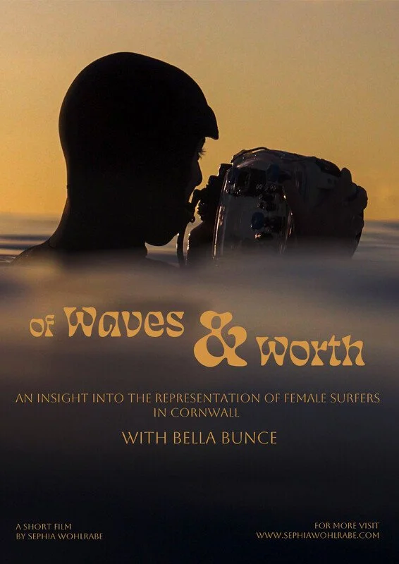 Poster for Of Waves and Worth. The silhouette of a surfer's head and shoulders emerges from calm water at sunset, holding an underwater camera housing, lit in warm orange and gold tones. Stylised title text sits below against the glowing horizon.