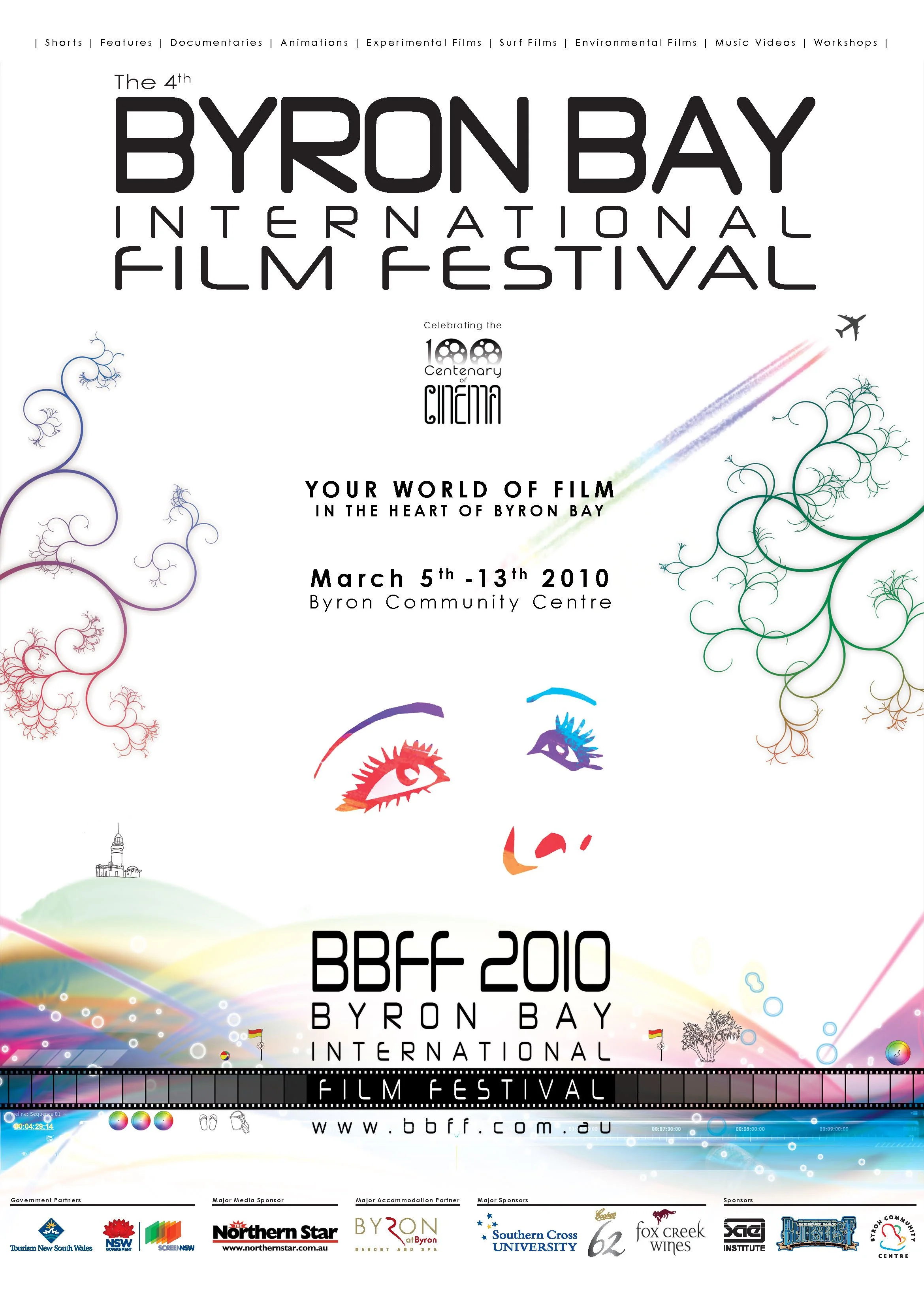 Poster for the inaugural Byron Bay International Film Festival in 2010, celebrating cinema with colorful designs, stylized face, and event details from March 5 to 13 at Byron Community Centre.