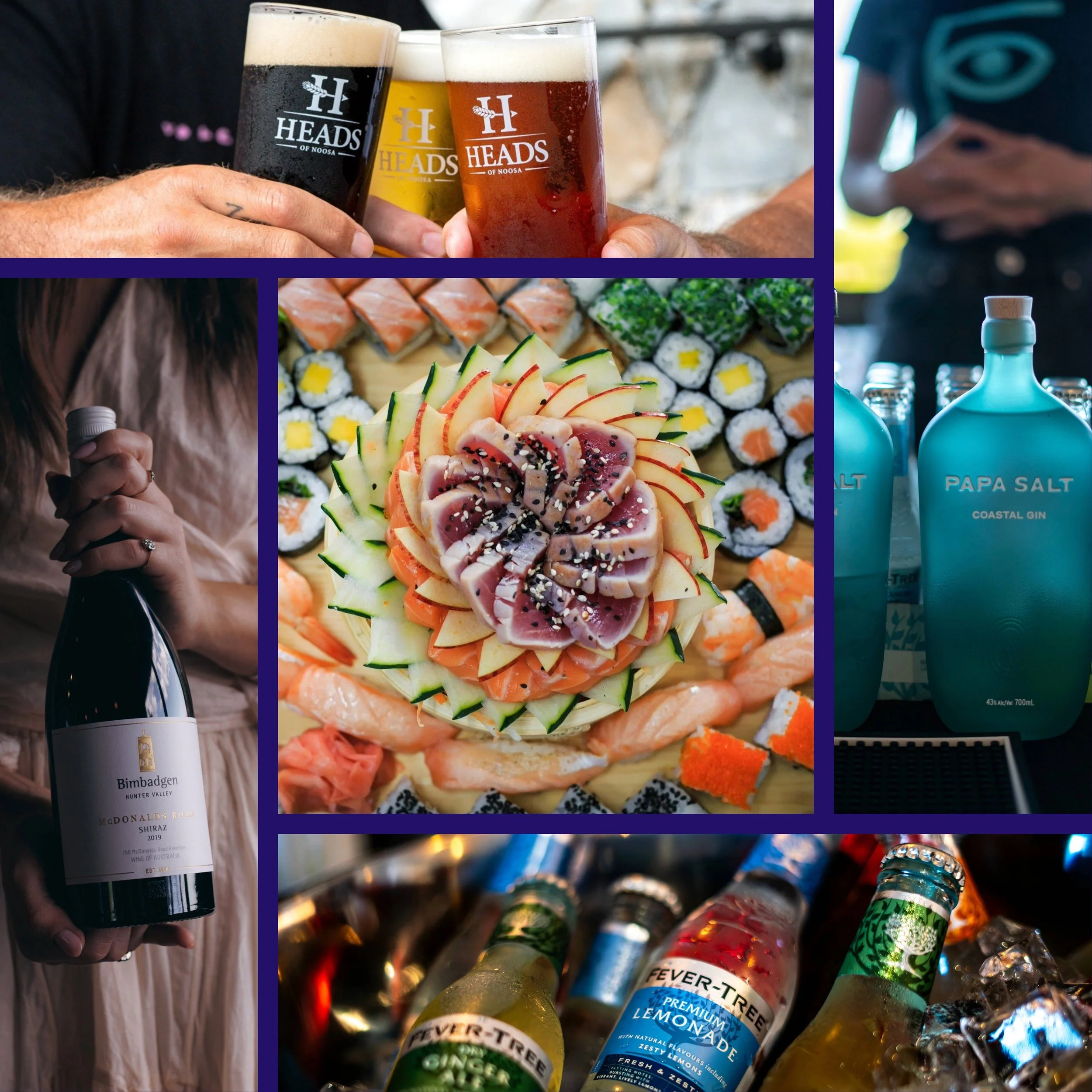 A collage of various food and drink items at a social gathering, including three glasses of beer, a bottle of wine, a platter of assorted sushi and sashimi, bottles of gin, and bottles of flavored soda or lemonade.