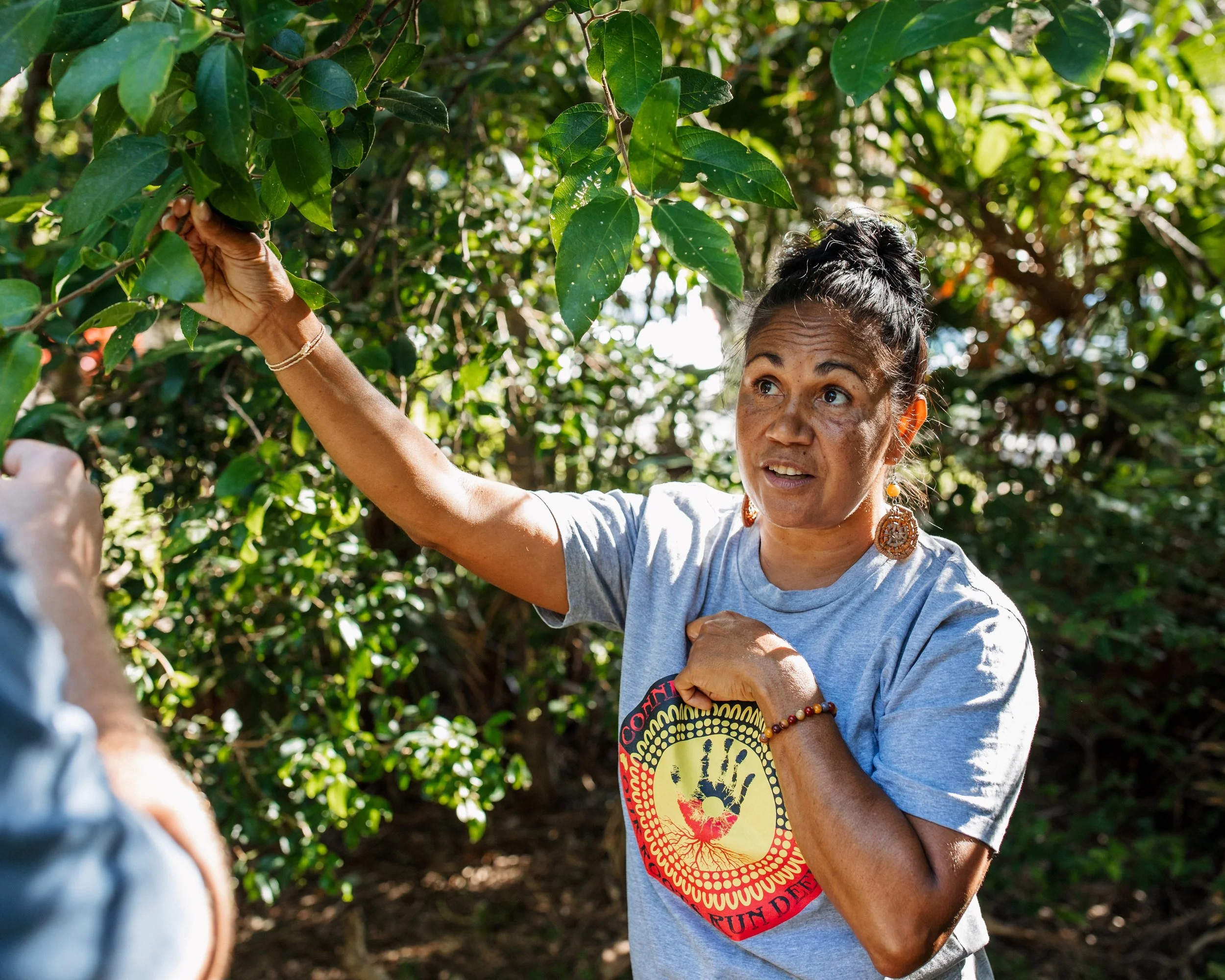 Woman with dark hair in a bun, wearing a grey t-shirt with a colorful design, standing outdoors in a green leafy environment, reaching up to a tree branch.