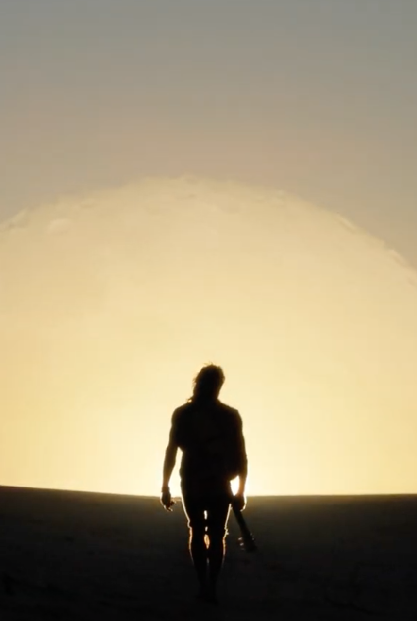 Silhouette of a person walking away in a vast desert landscape during sunset or sunrise.