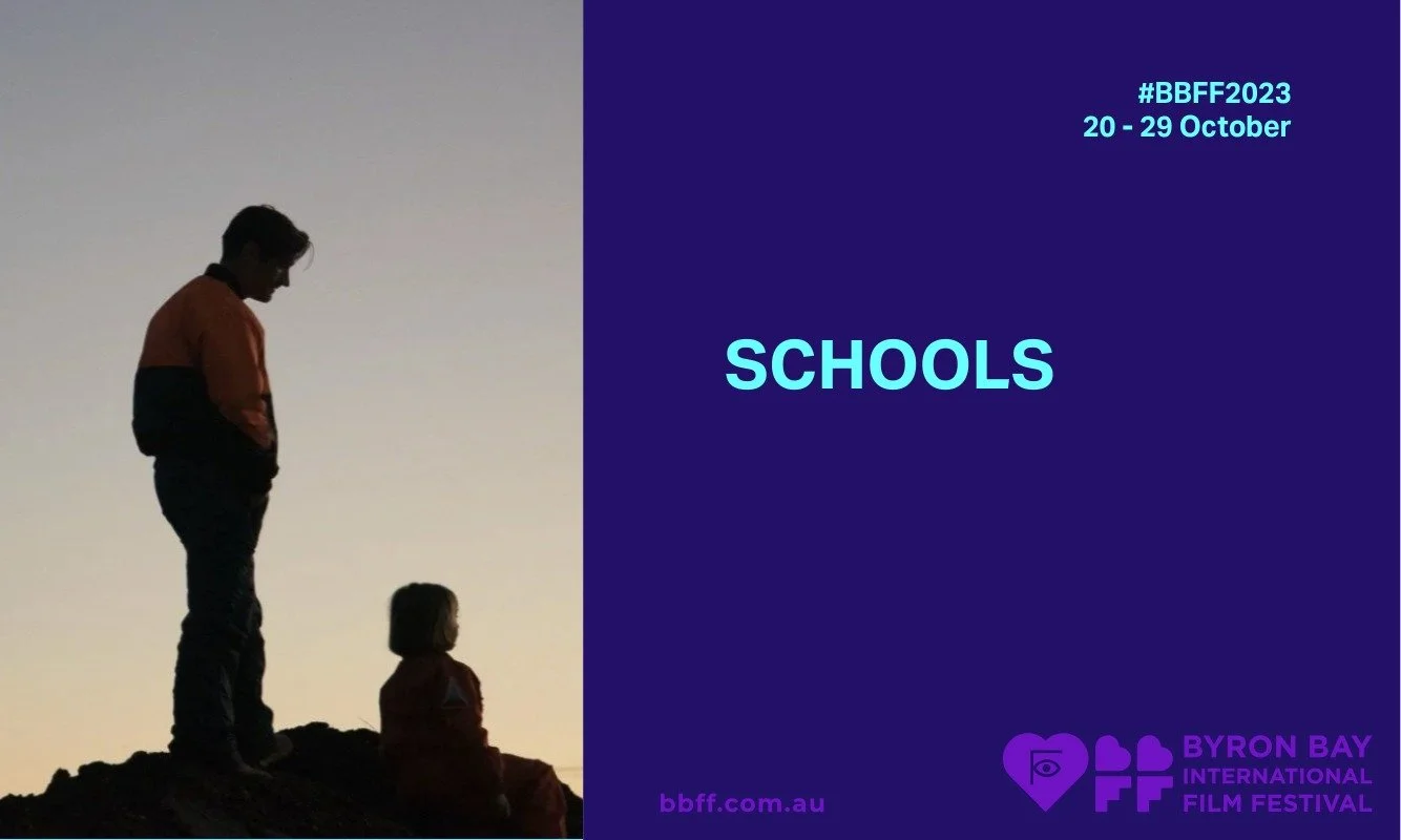 Silhouette of an adult and child at sunset on the left, with text "SCHOOLS" and event details for BBFF2023 on the right, in a purple background.