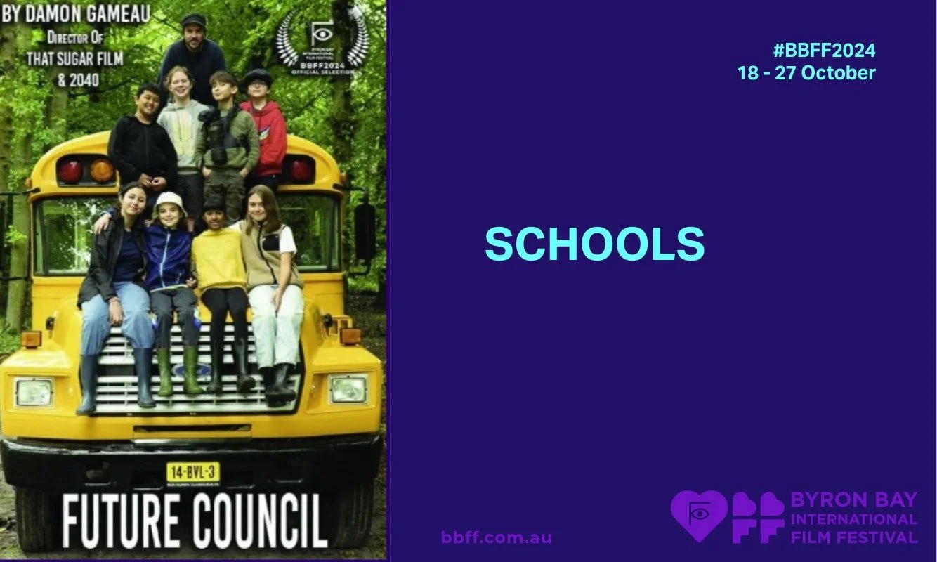 A group of smiling people pose on the front of a yellow school bus in a forest. Text reads "Future Council" and "Byron Bay International Film Festival."