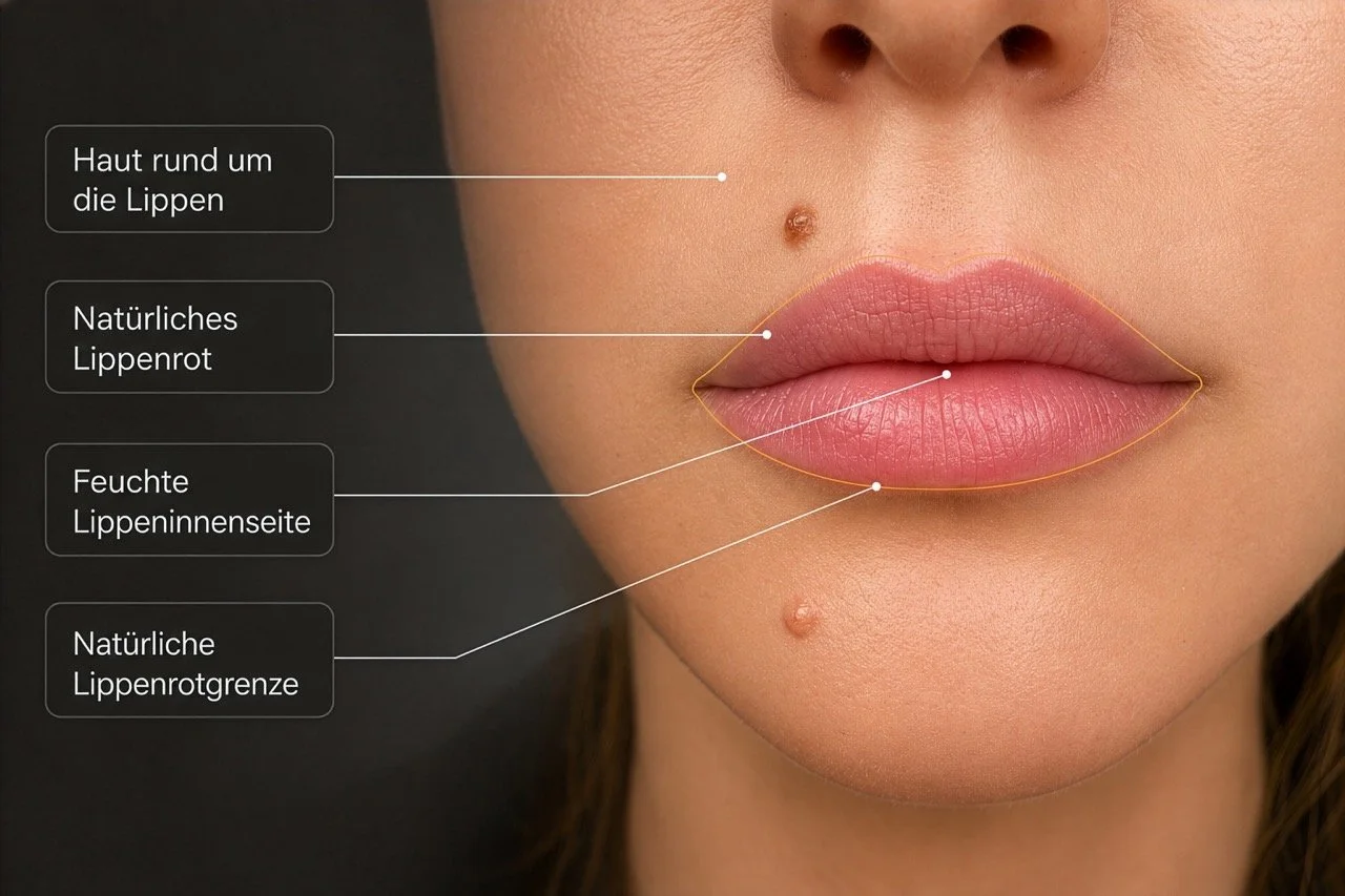 Grafik zum Unterschied zwischen Gesichtshaut, natürlichem Lippenrot, Lippeninnenseite und Lippenrotgrenze.
