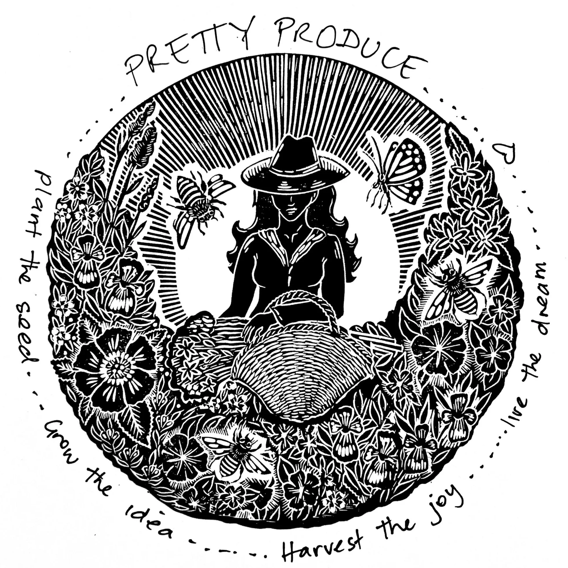 A black and white circular illustration featuring a woman with long hair wearing a hat, surrounded by flowers, butterflies, and rays emanating from her head. The image includes handwritten text around the circle that says, "The best the joy the harvest the peace."