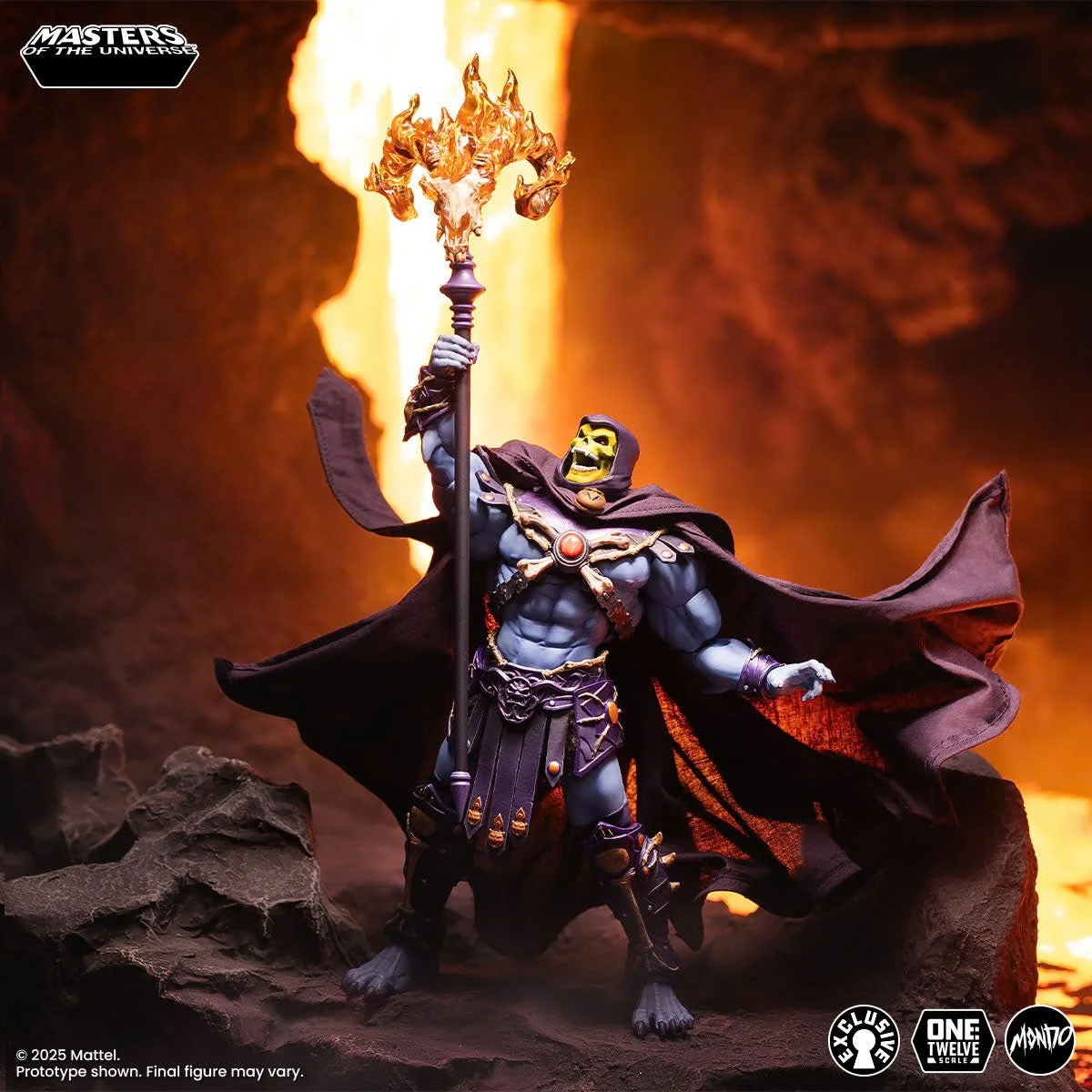 Mondo MOTU 200X Skeletor 1/12 scale figure with flaming Havoc Staff and purple cape on lava terrain.
