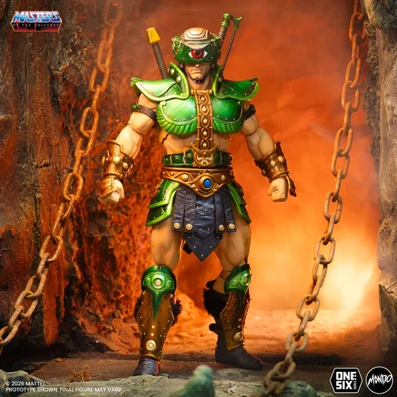 Mondo Masters of the Universe Tri-Klops 1/6 scale Limited Edition figure full display shot in atmospheric Snake Mountain setting with chains, 12-inch premium collectible.