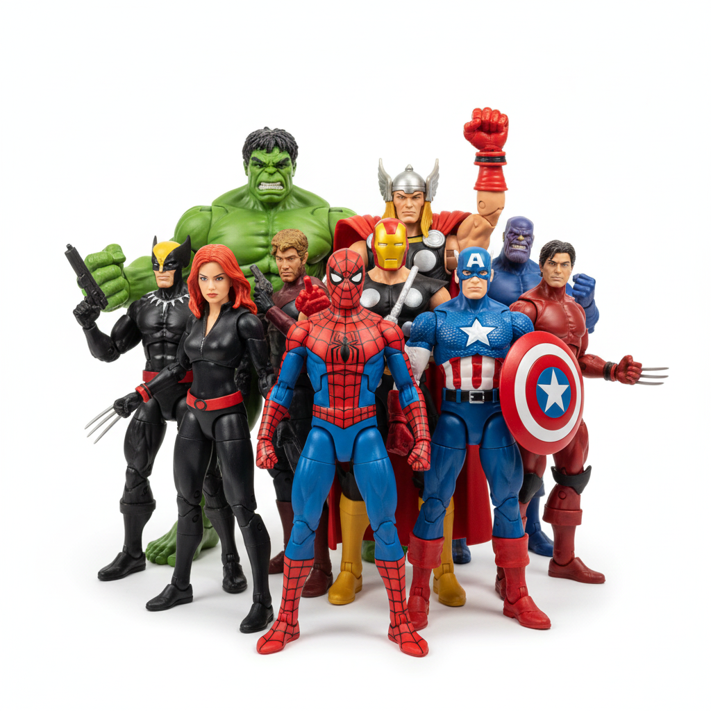 Marvel Universe action figures. Front: Captain America, Iron Man, and Spider-Man. Background characters include Thor, The Hulk, Wolverine, and Black Widow