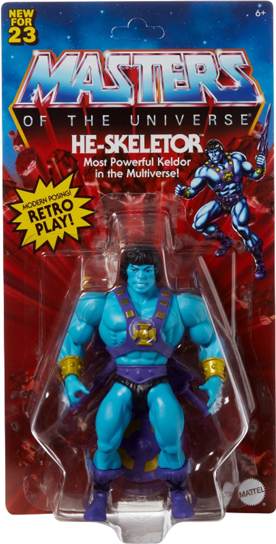 Mattel MOTU Origins He-Skeletor packaged figure detail showing purple harness with gold cross emblem chest armor, blue-skinned Keldor variant, "Modern Posing! Retro Play!" badge.
