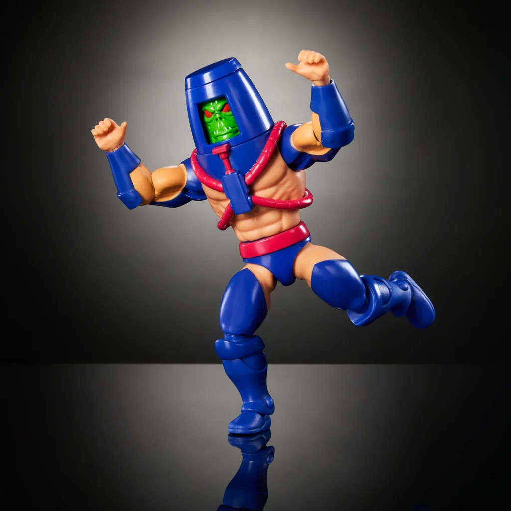 Mattel MOTU Origins Man-E-Faces figure with green Monster face, rotating face plate, Filmation series tribute.