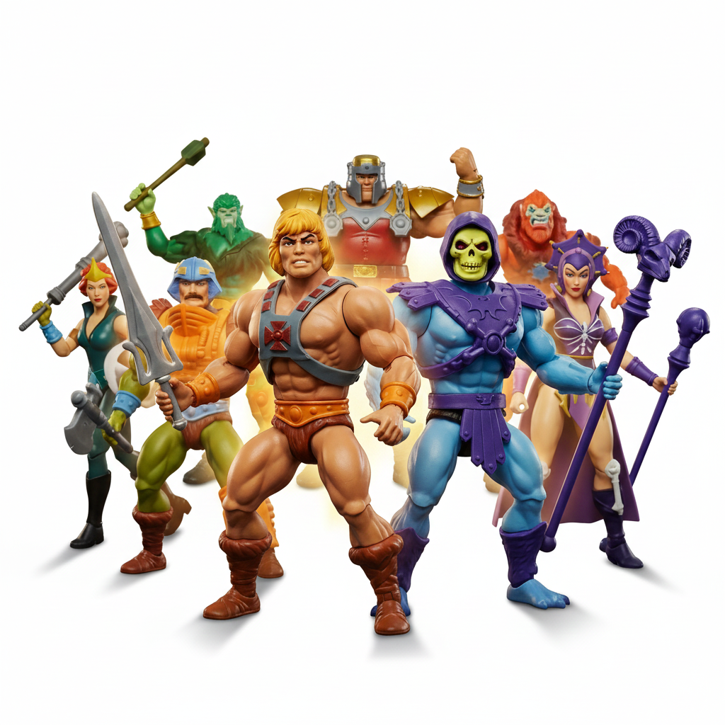 Masters of the Universe action figures. He-Man and Skeletor. Background characters include Man-At-Arms, Teela, Beast Man, Evil-Lyn, and Ram Man
