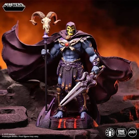 Mondo Masters of the Universe 200X Skeletor 1/12 scale Timed Edition figure on environmental base with Havoc Staff, two-layer cape and Power Sword.