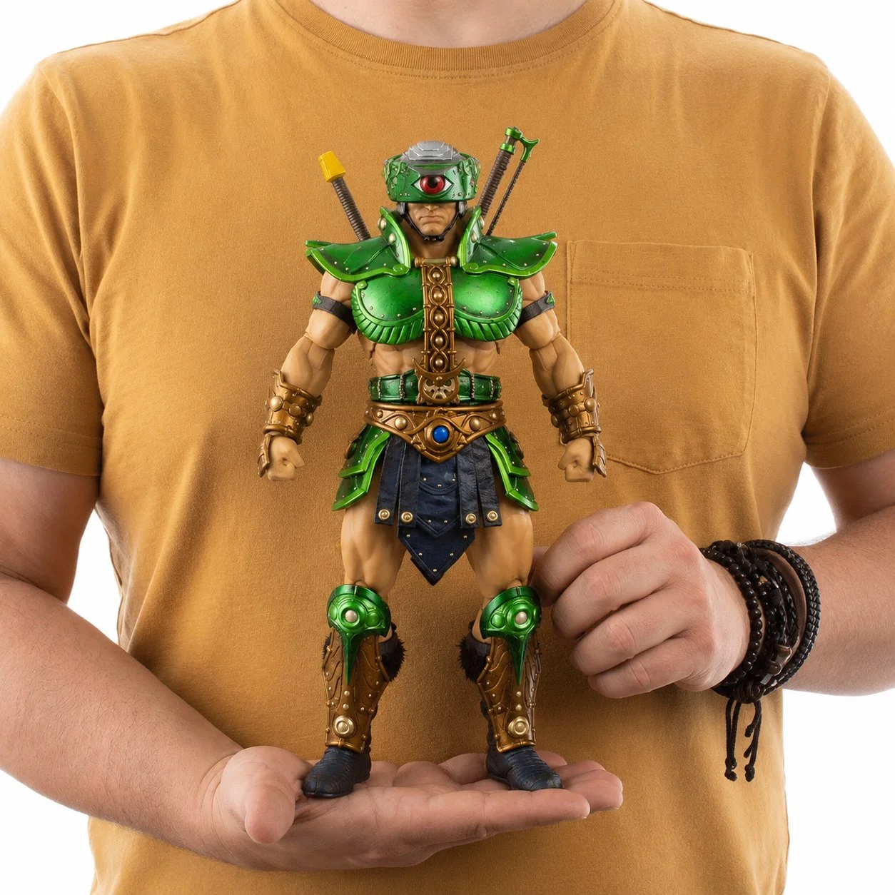 Mondo Masters of the Universe Tri-Klops 1/6 scale figure held in hands, showing 12-inch scale reference.