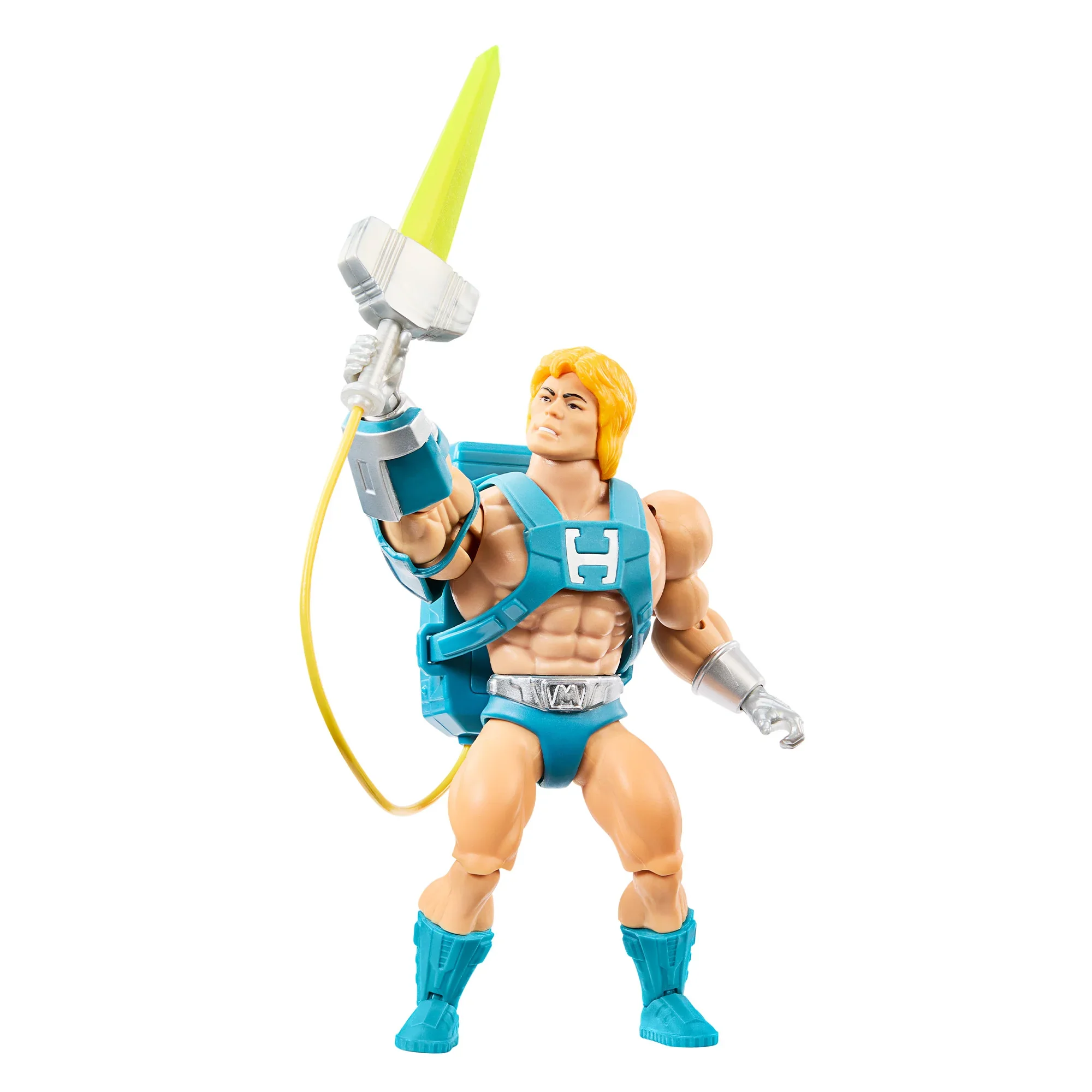 Mattel Masters of the Universe Origins Deluxe Laser Power He-Man 5.5 inch action figure full pose on white background, light-up Power Sword raised, vintage reissue.