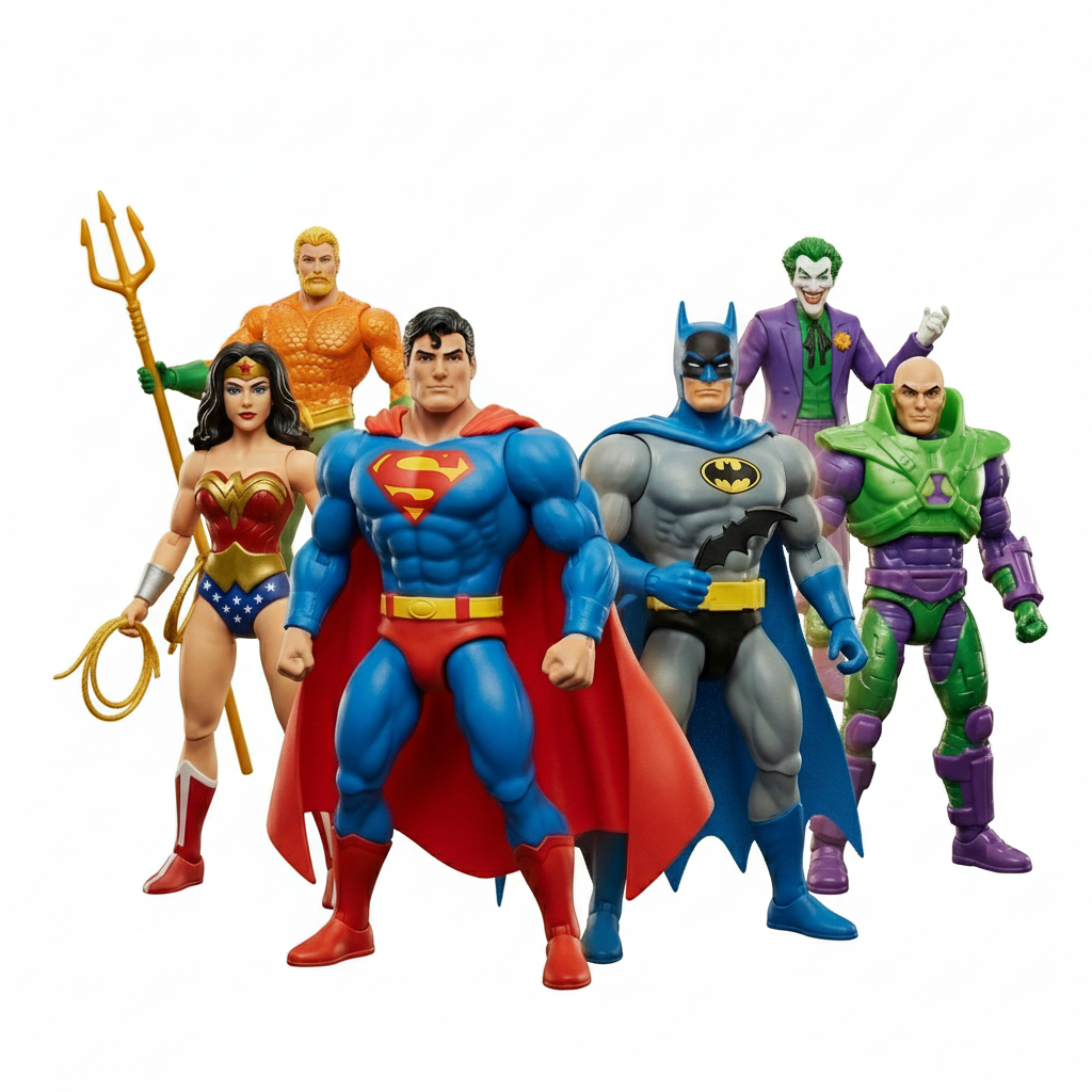 Collection of classic DC Universe action figures. Center: Superman and Batman. Surrounding characters include Wonder Woman, The Flash, Green Lantern, Aquaman, and The Joker.