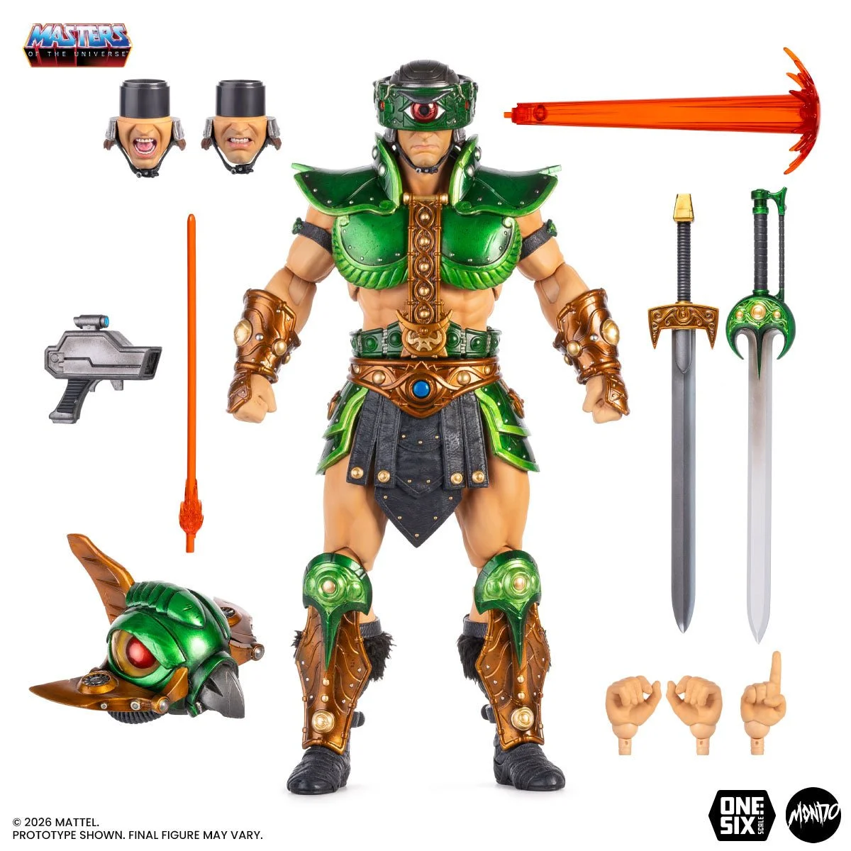 Mondo MOTU Tri-Klops 1/6 scale figure Rage Portrait detail — green helmet with red central eye and open-mouth expression, premium paint application by Mike Pflaumer.