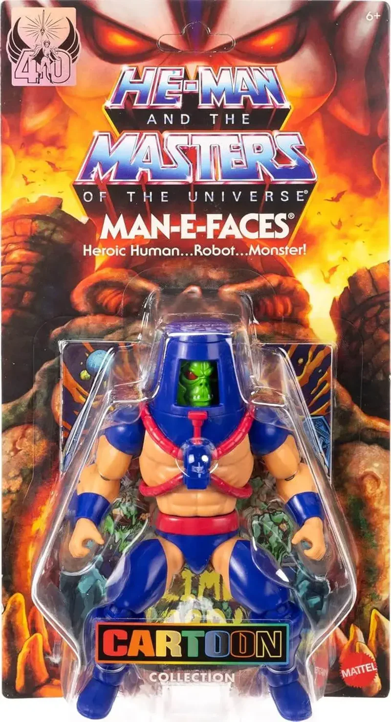 Mattel MOTU Origins Cartoon Collection Man-E-Faces in original Mattel blister card packaging, Filmation series tribute.