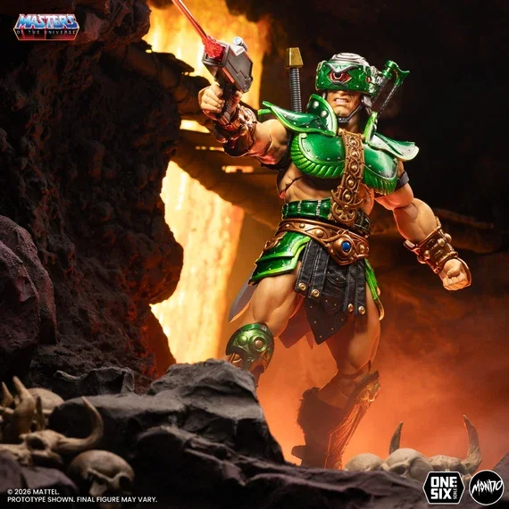 Mondo MOTU Tri-Klops 1/6 scale Limited Edition figure in dynamic action pose with sword raised on volcanic terrain, Evil Warriors display piece.