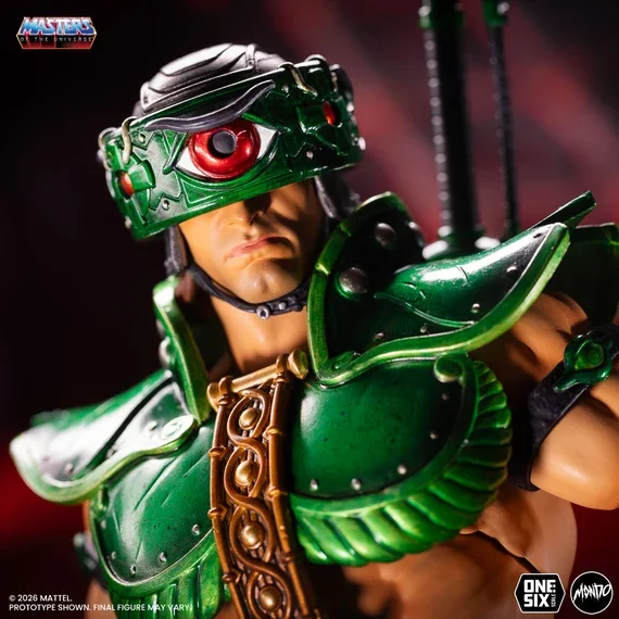 Mondo MOTU Tri-Klops 1/6 scale figure profile detail — rotating helmet visor and sculpted green shoulder armour, Emiliano Santalucia concept design.