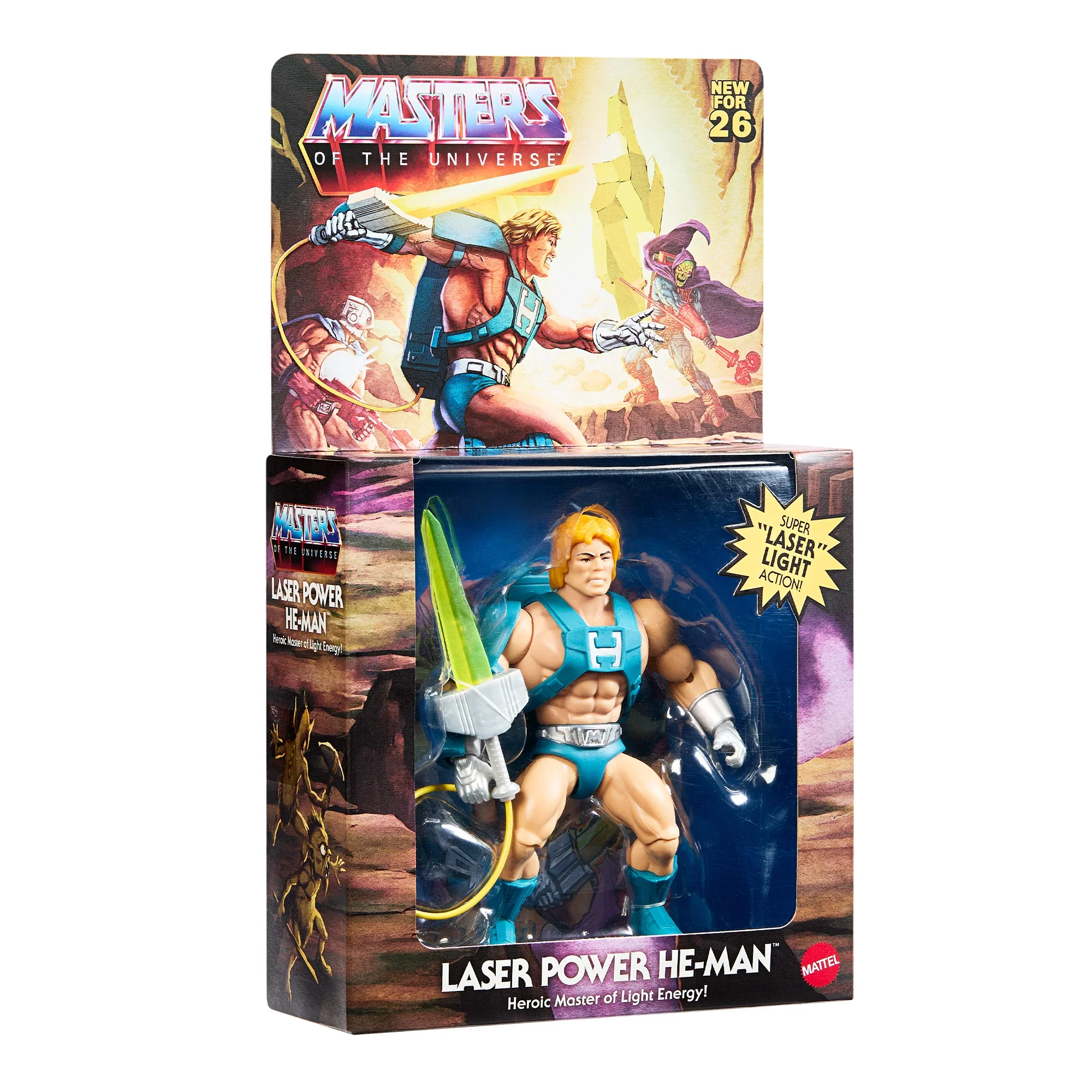 Mattel Creations Masters of the Universe Origins Vintage Deluxe Laser Power He-Man original packaging front showing classic 1980s European-exclusive artwork.