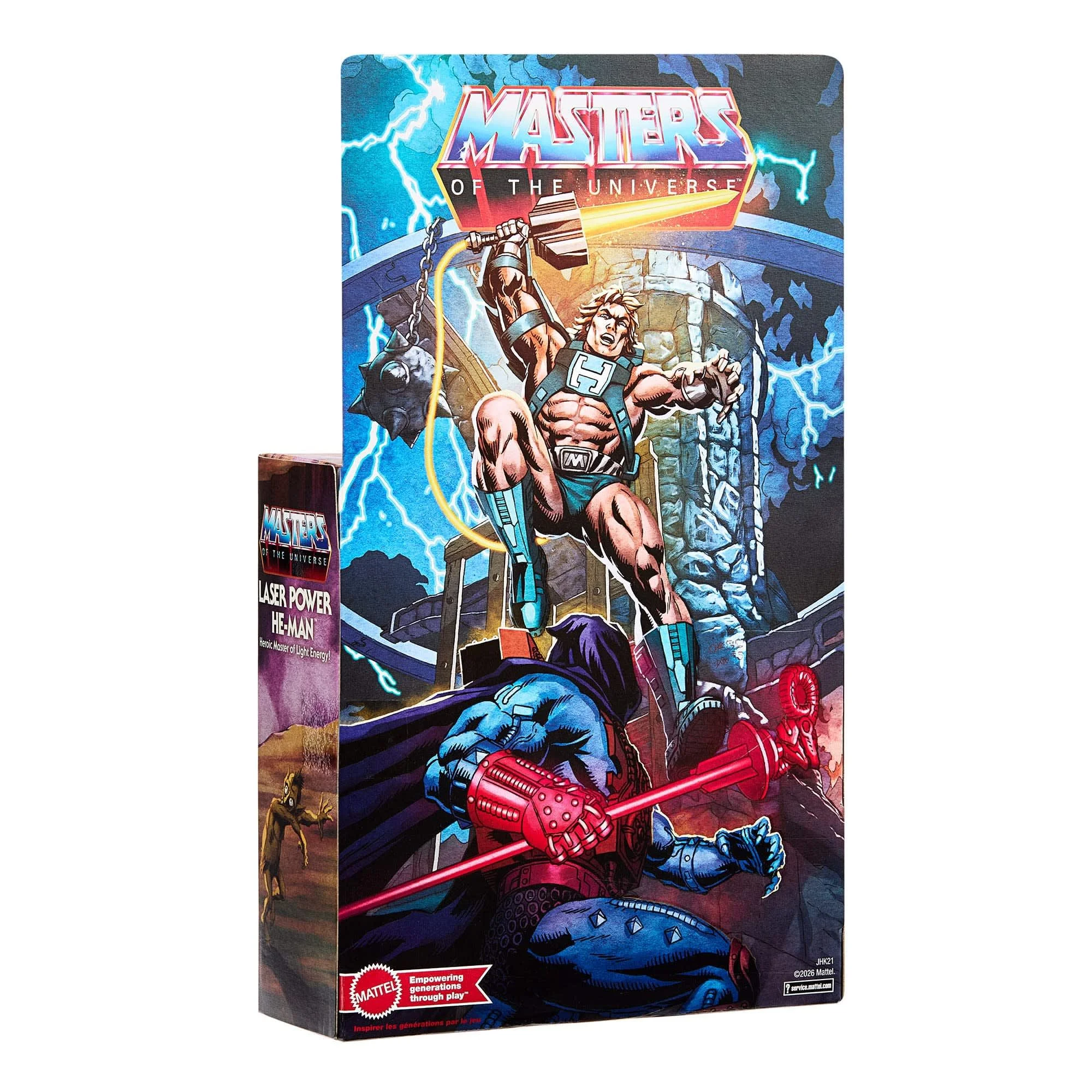 Mattel MOTU Origins Vintage Deluxe Laser Power He-Man box side panel featuring He-Man artwork and Mattel branding, authentic 2026 Mattel Creations reissue packaging.