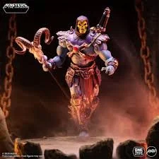 Mondo MOTU 200X Skeletor 1/12 scale figure in dynamic action pose with staff raised, showing angular 2002 Cartoon Network series armour design.