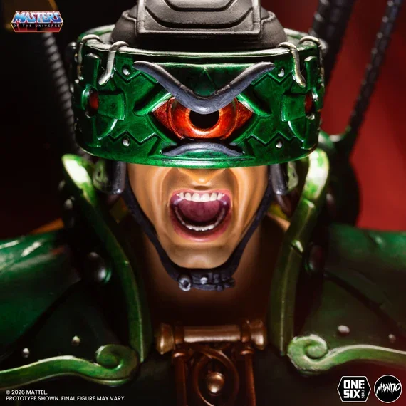 Mondo MOTU Tri-Klops 1/6 scale figure Rage Portrait detail — green helmet with red central eye and open-mouth expression, premium paint application by Mike Pflaumer.