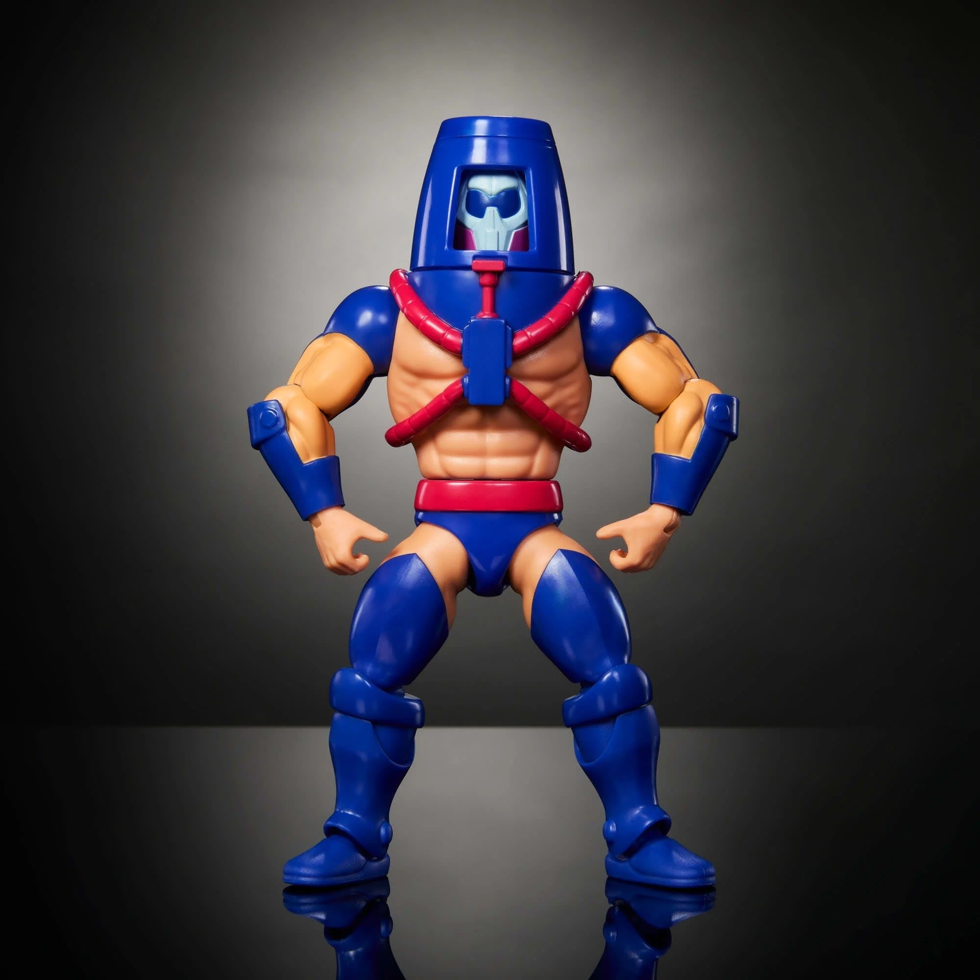 Mattel MOTU Origins Man-E-Faces figure with silver Robot face, classic 1980s Filmation animation styling.