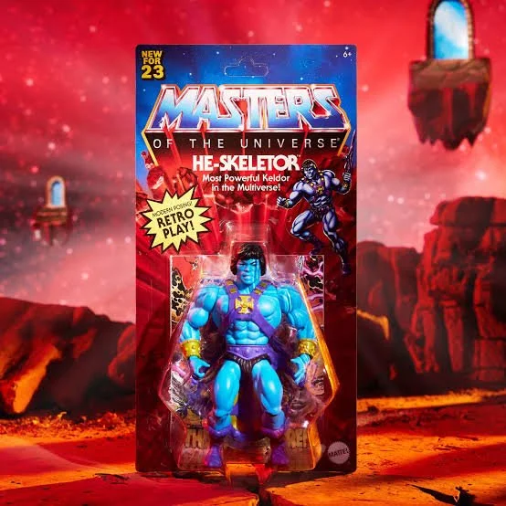 Mattel MOTU Origins He-Skeletor 2023 action figure in original "New For 23" blister card packaging, multiverse Keldor variant.