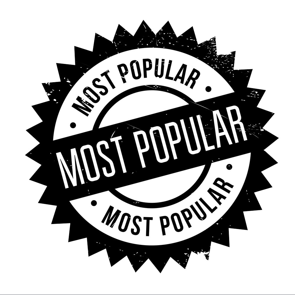 Black and white badge with the word "Most Popular" repeated in a circular pattern and in a bold banner across the center.