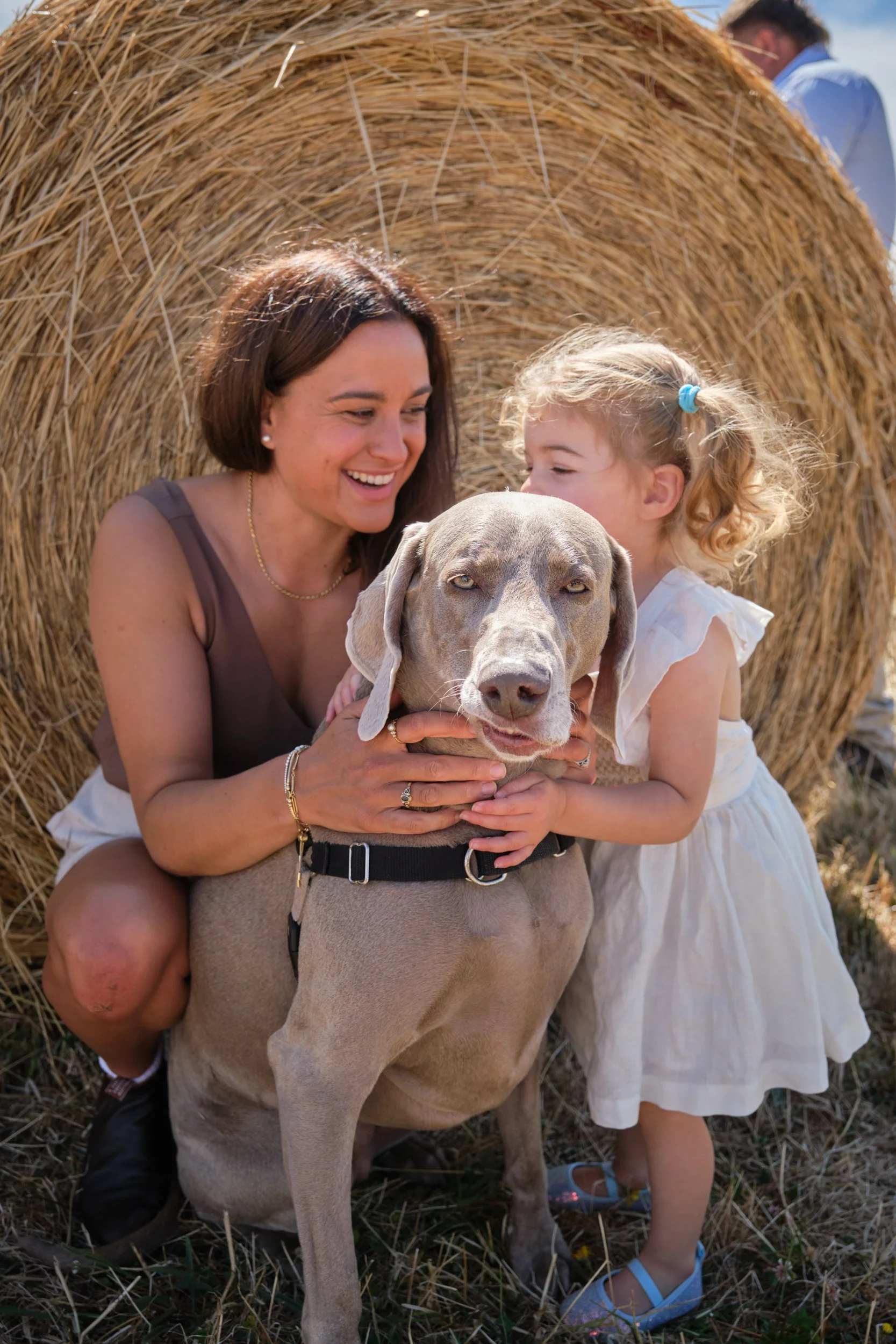 clark-launceston-extended-family-mum-daughter-hugging-weimaraner-dog-hay-bale.jpeg