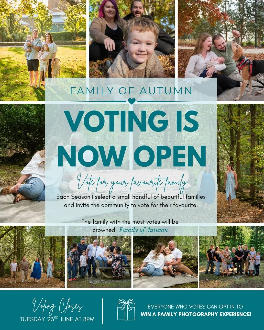 Family of Autumn voting is officially open 🤍 
Each season I choose a small handful of families I&rsquo;ve photographed recently and invite the wider community to help celebrate them. 
You can now have a look through the nominated families and vote f