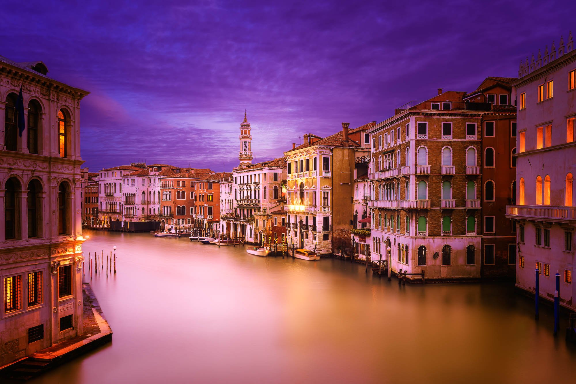 Grand Canal in Venice during twilight—reflections and soft pastels in the floating city.