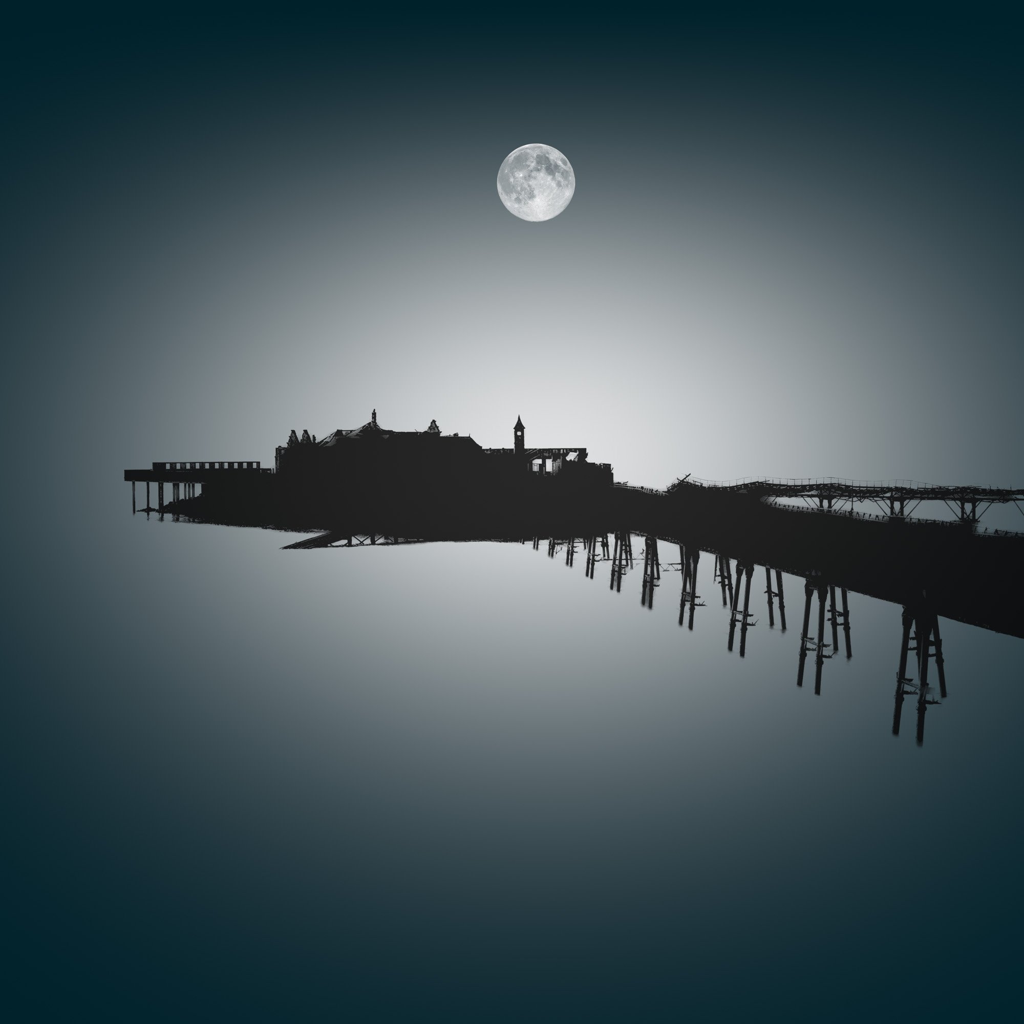 Pier silhouette under a full moon in a dark twilight sea