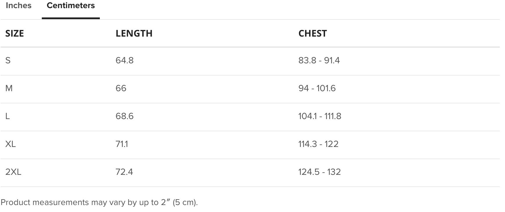Size Chart: centimeters