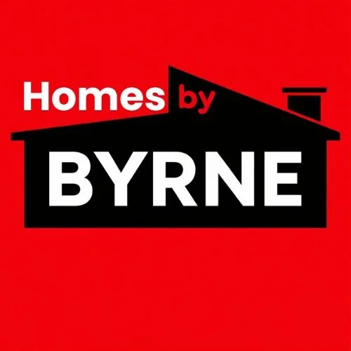Logo for Homes by Byrne with a red background and stylized black house silhouette.