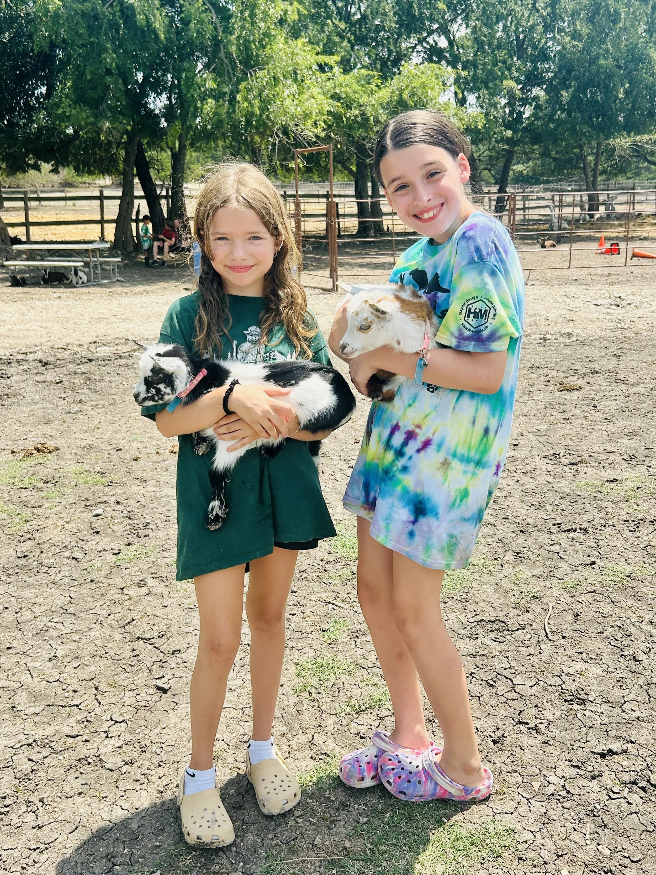 Two girls holding baby goats in a farmyard with trees and fencing in the background.