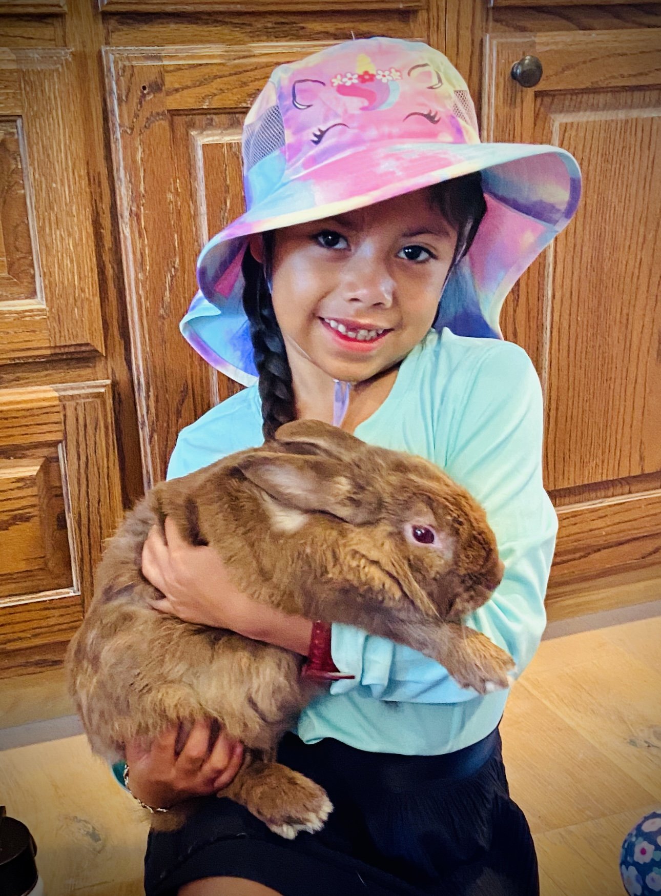 A young girl with a braid, wearing a colorful unicorn hat and a light blue shirt, smiling while holding a large, brown, fluffy rabbit with one eye closed.