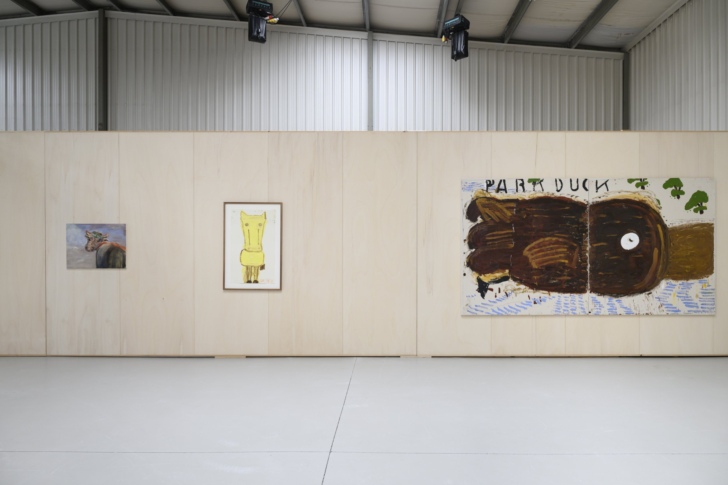  Rosalind Nashashibi, Installation view of ‘Young Bull’;  Rose Wylie, Installation view of ‘Yellow Horse II’ and ‘Park Duck’ 